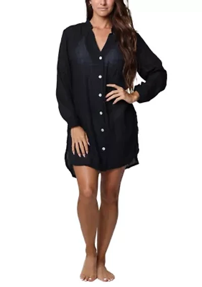 Solid Button Up Big Shirt Swim Coverup