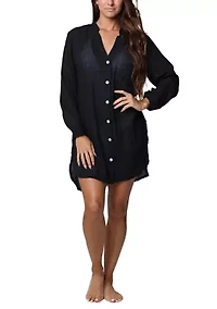 Solid Button Up Big Shirt Swim Coverup