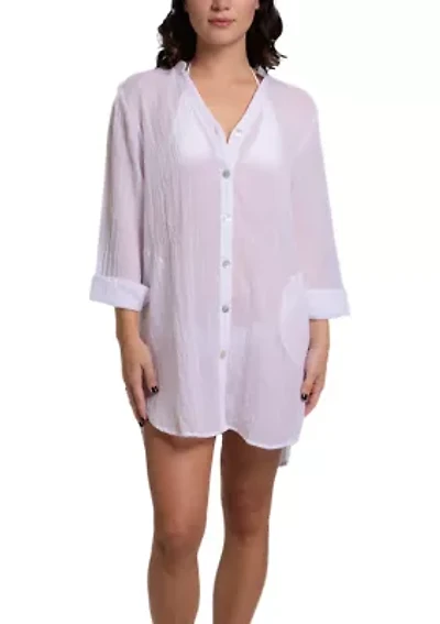 Solid Button Up Big Shirt Swim Coverup