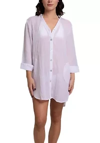 Solid Button Up Big Shirt Swim Coverup