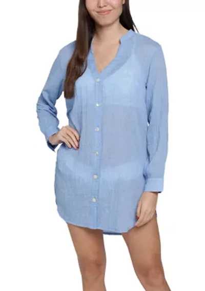 Solid Button Up Big Shirt Swim Coverup