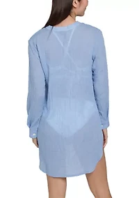Solid Button Up Big Shirt Swim Coverup