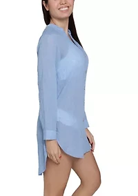 Solid Button Up Big Shirt Swim Coverup