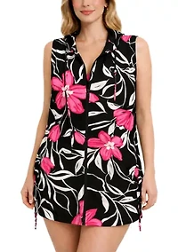 Plus Sleeveless Floral Full Zip Hoodie Dress