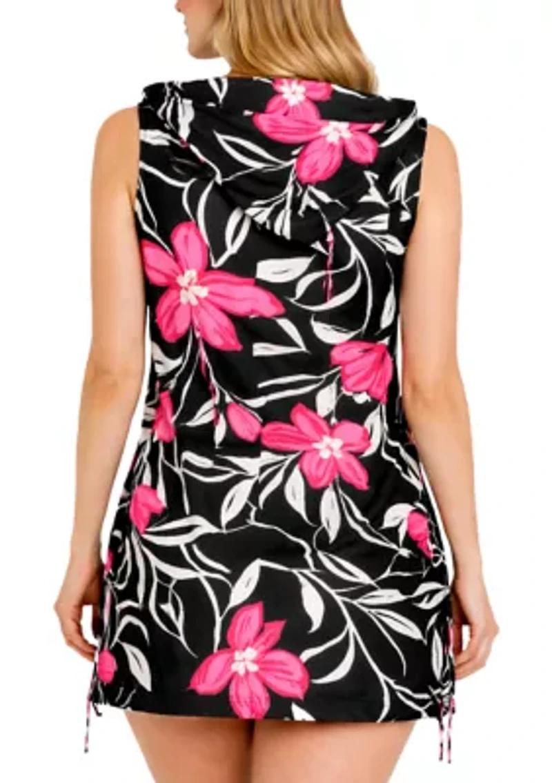 Plus Sleeveless Floral Full Zip Hoodie Dress