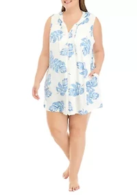 Plus Sleeveless Full Zip Monstera Leaf Print Hoodie Dress Swim Cover Up