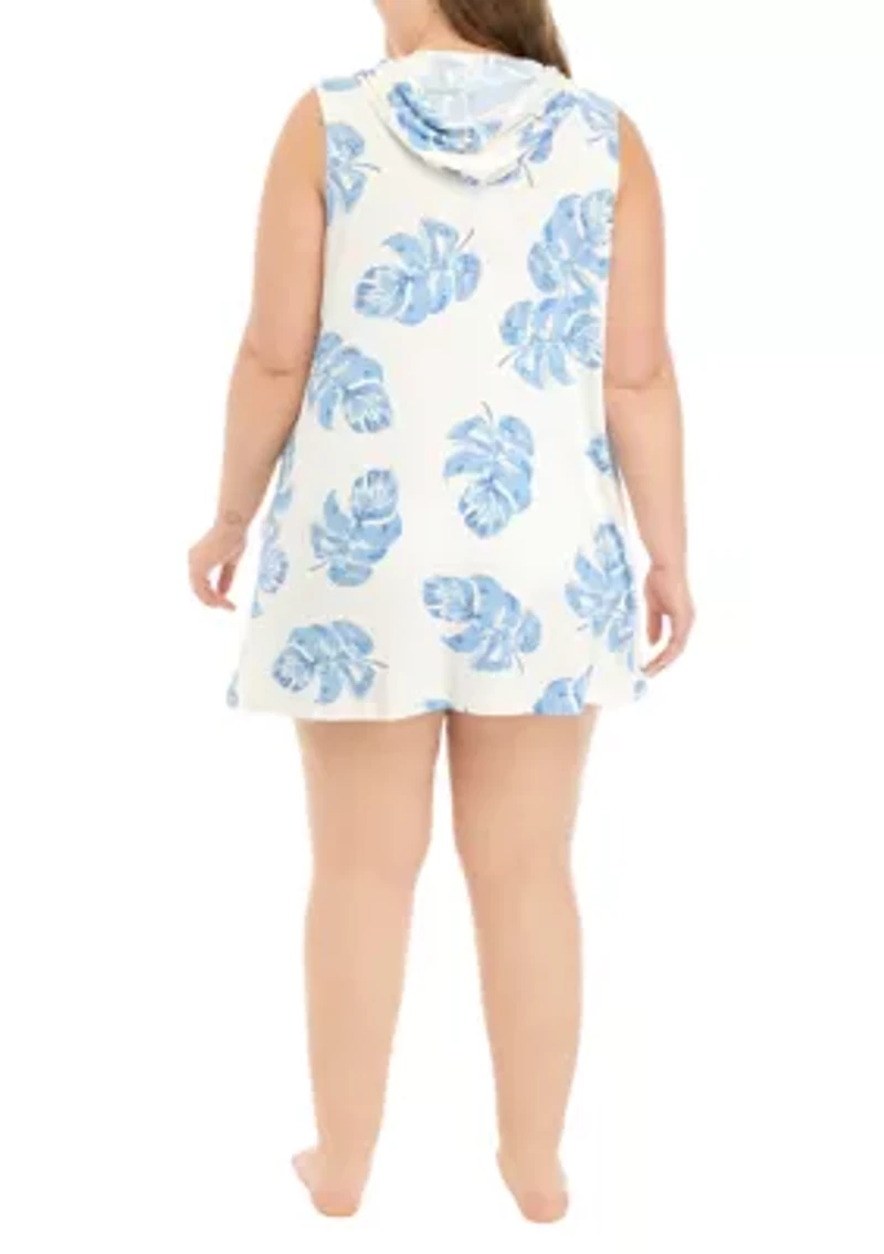 Plus Sleeveless Full Zip Monstera Leaf Print Hoodie Dress Swim Cover Up