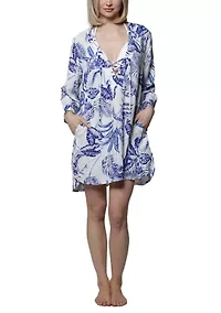 Plus Palm Print Lace Up Big Shirt Swim Coverup