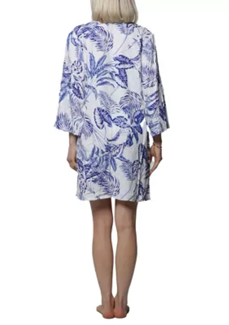 Plus Palm Print Lace Up Big Shirt Swim Coverup