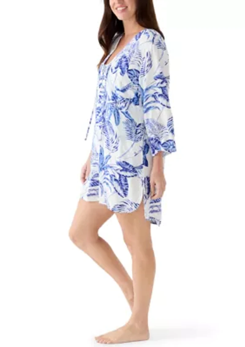 Women's Long Sleeve Palm Print Lace Coverup