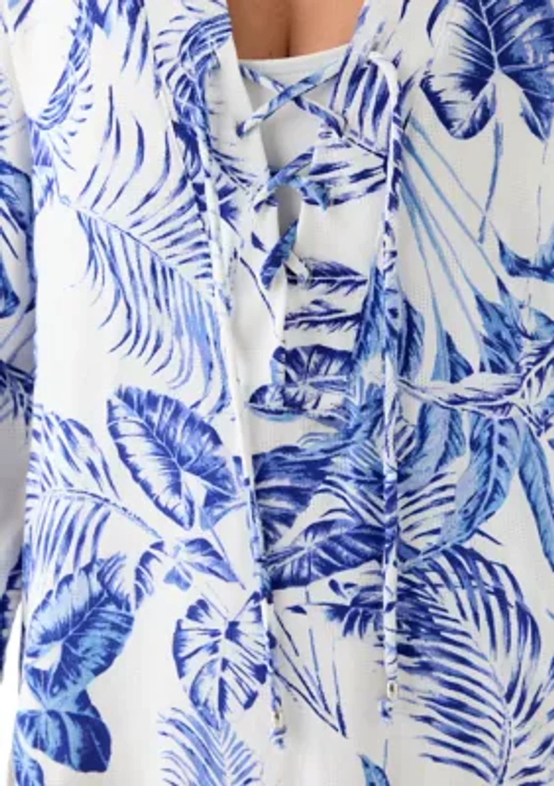 Women's Long Sleeve Palm Print Lace Coverup