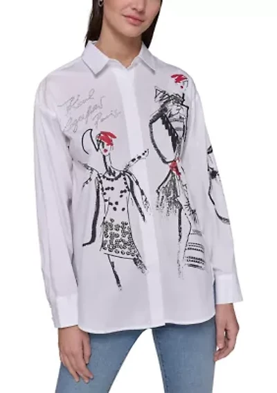Women's Long Sleeve Girl Print Button Up Tunic Blouse