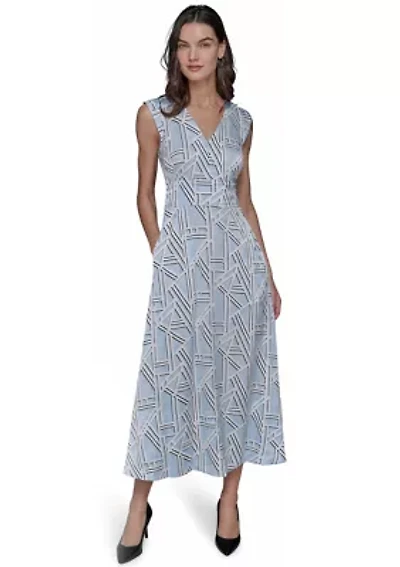 Women's Sleeveless V-Neck Logo Geometric Midi Dress