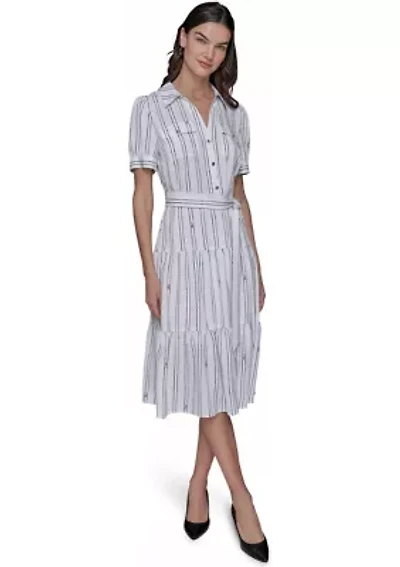 Women's Short Sleeve Stripe Tie Waist Dress