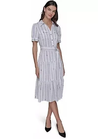Women's Short Sleeve Stripe Tie Waist Dress