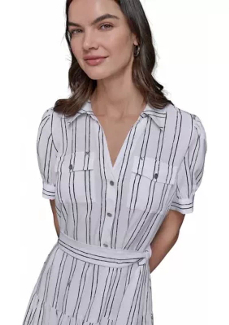 Women's Short Sleeve Stripe Tie Waist Dress