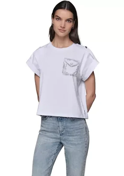 Women's Cap Sleeve Embroidered Pocket Knit T-Shirt