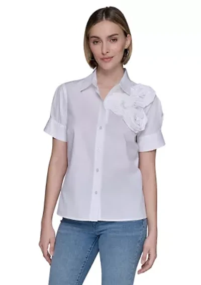 Women's Rose Shoulder Button Down Top