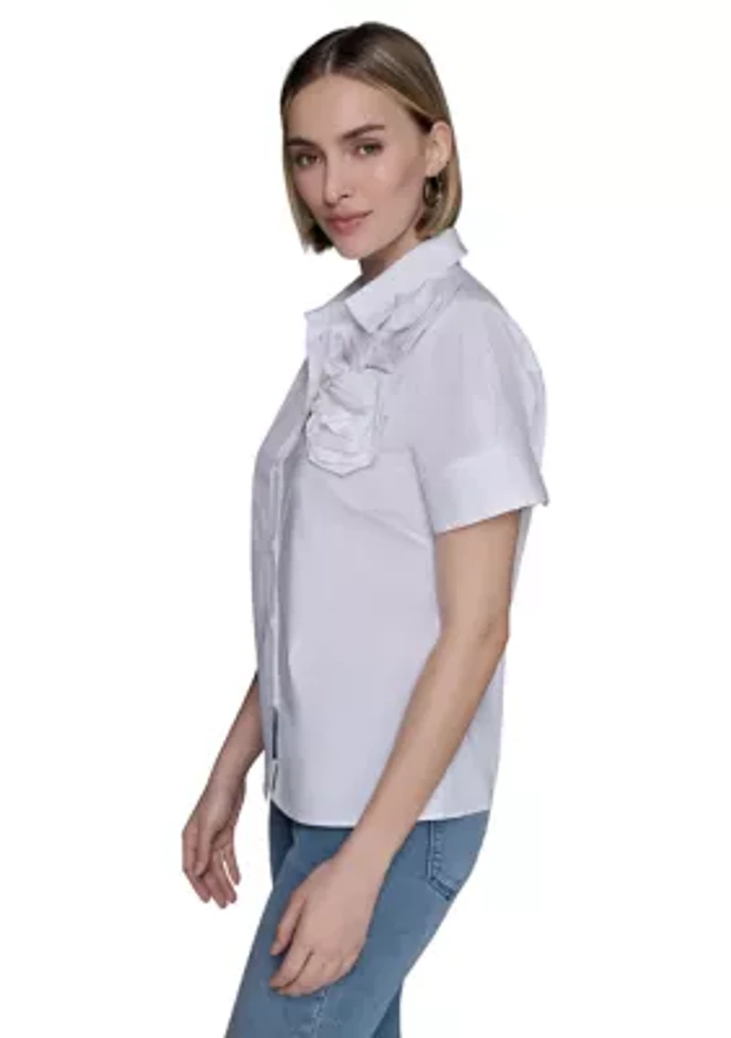Women's Rose Shoulder Button Down Top