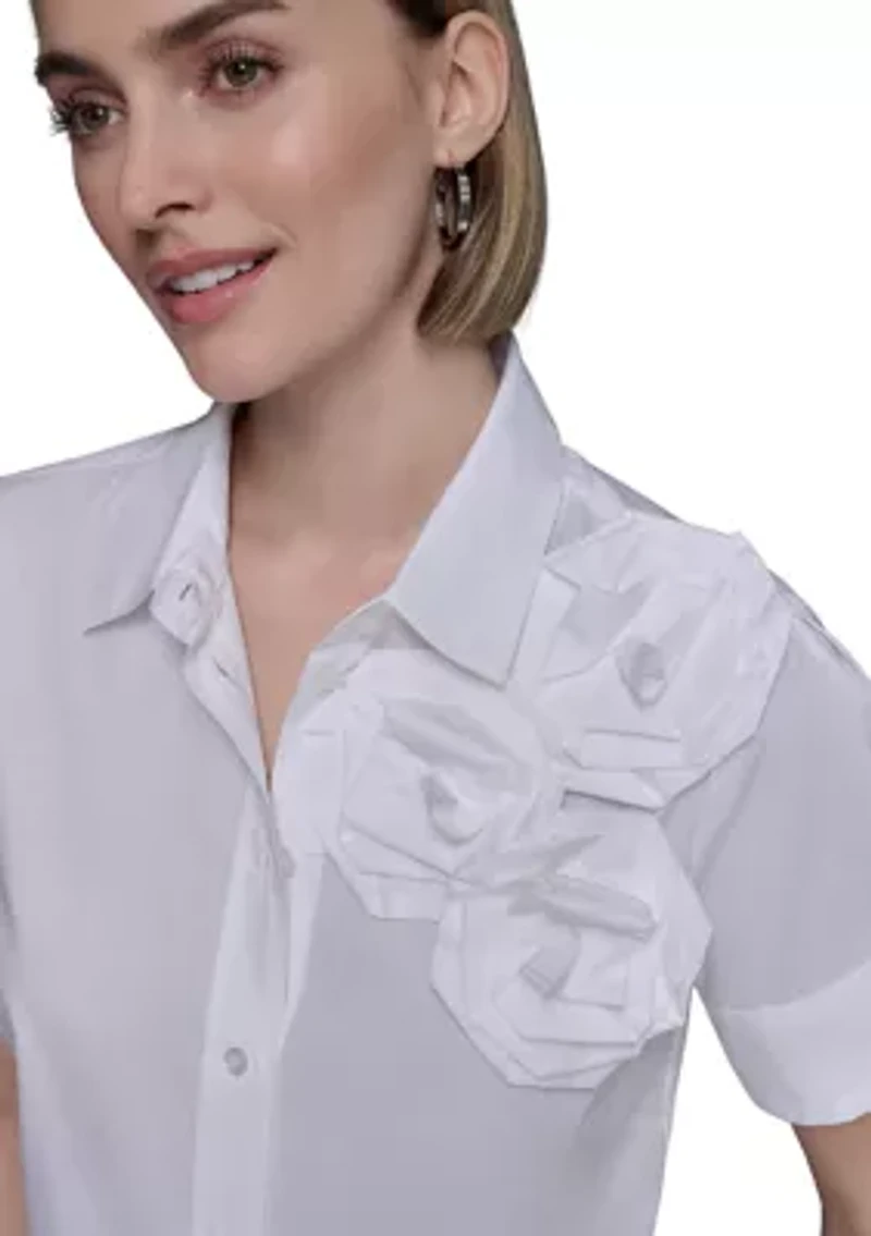 Women's Rose Shoulder Button Down Top