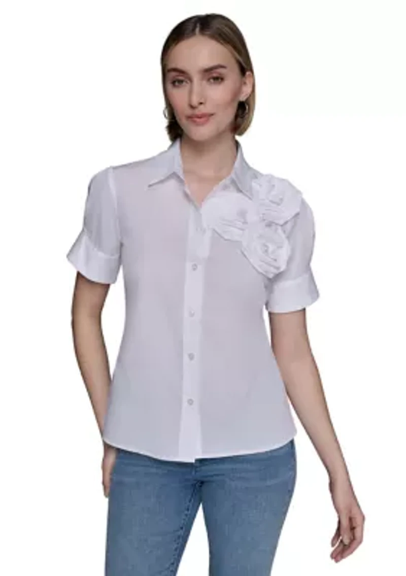 Women's Rose Shoulder Button Down Top