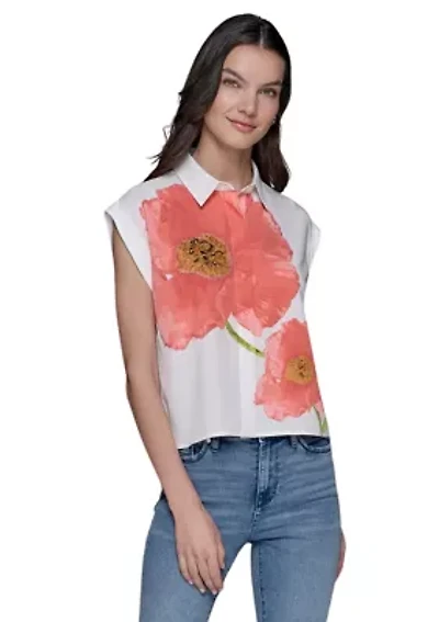 Women's Floral Beaded Camp Shirt