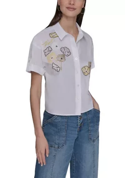 Women's Floral Embroidered Camp Shirt