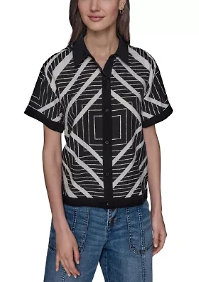 Women's Geometric Square Printed Camp Shirt