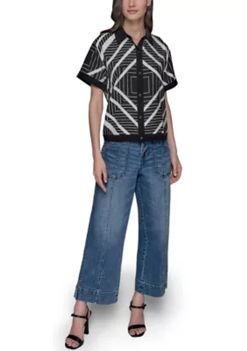 Women's Geometric Square Printed Camp Shirt