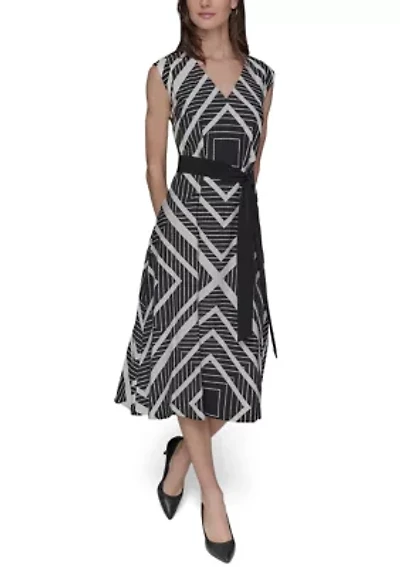 Women's Sleeveless Geometric Square Print Belted Waist Midi Dress