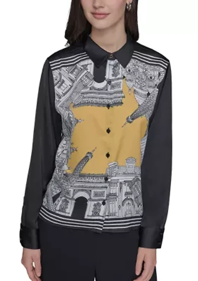 Women's Long Sleeve Placed Print Collared Shirt