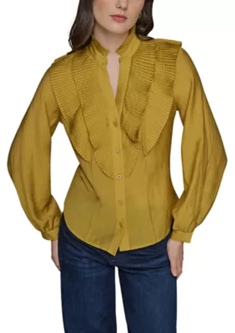 Women's Ruffle Shoulder Button Front Blouse