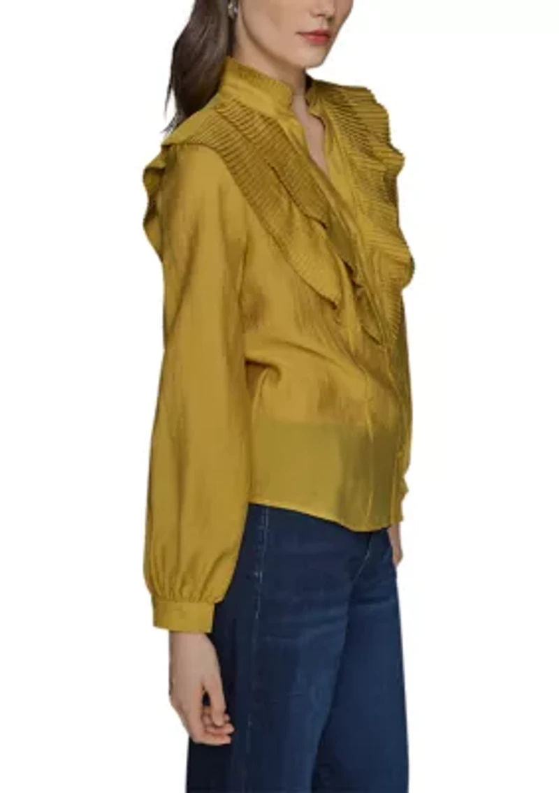 Women's Ruffle Shoulder Button Front Blouse
