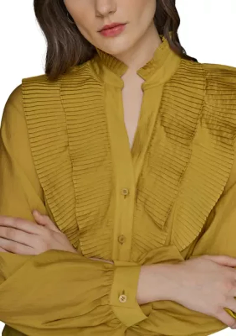 Women's Ruffle Shoulder Button Front Blouse