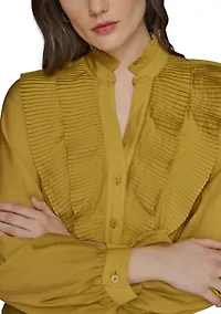 Women's Ruffle Shoulder Button Front Blouse