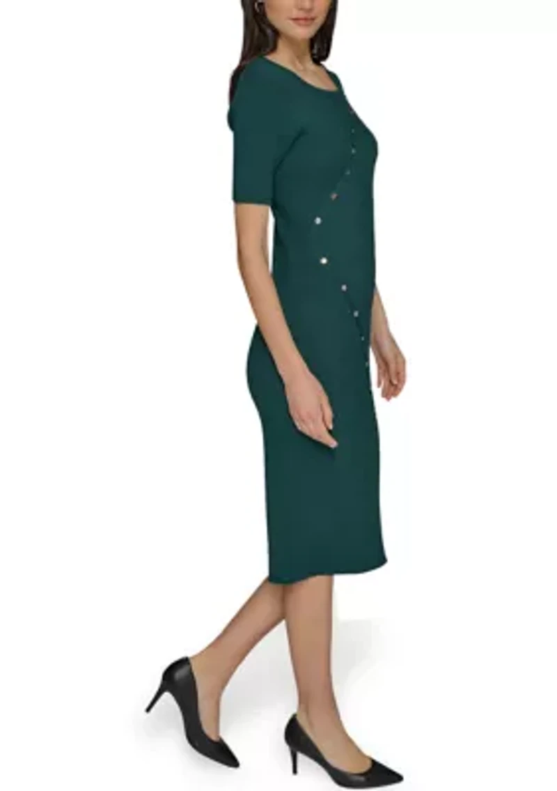 Women's Asymmetrical Button Front Ribbed Knit Dress