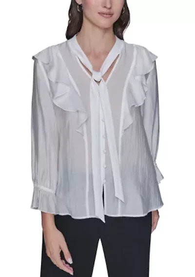 Women's 3/4 Sleeve Ruffle Bow Blouse
