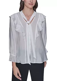 Women's 3/4 Sleeve Ruffle Bow Blouse