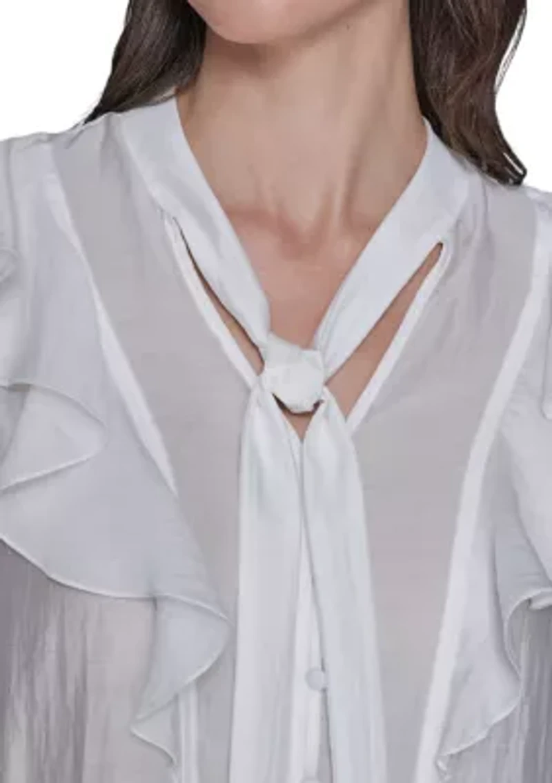 Women's 3/4 Sleeve Ruffle Bow Blouse