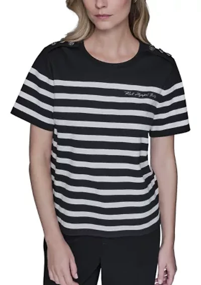 Women's Button Shoulder Striped T-Shirt
