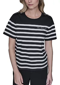 Women's Button Shoulder Striped T-Shirt