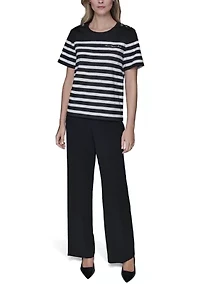 Women's Button Shoulder Striped T-Shirt