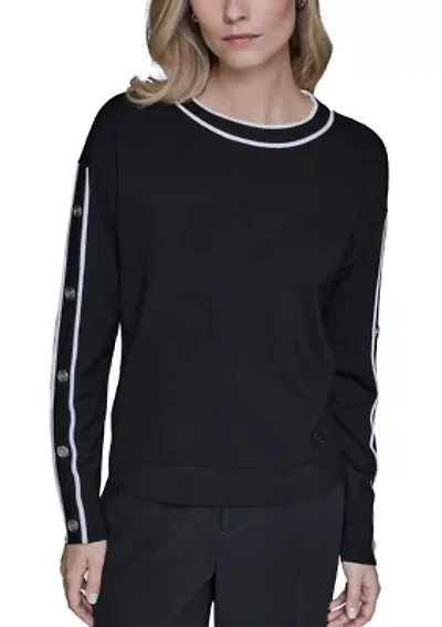Women's Long Sleeve Button Shoulder Crew Neck Sweater