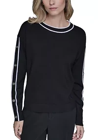 Women's Long Sleeve Button Shoulder Crew Neck Sweater