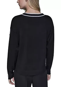 Women's Long Sleeve Button Shoulder Crew Neck Sweater