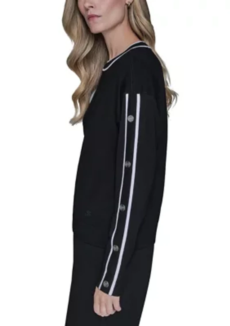 Women's Long Sleeve Button Shoulder Crew Neck Sweater