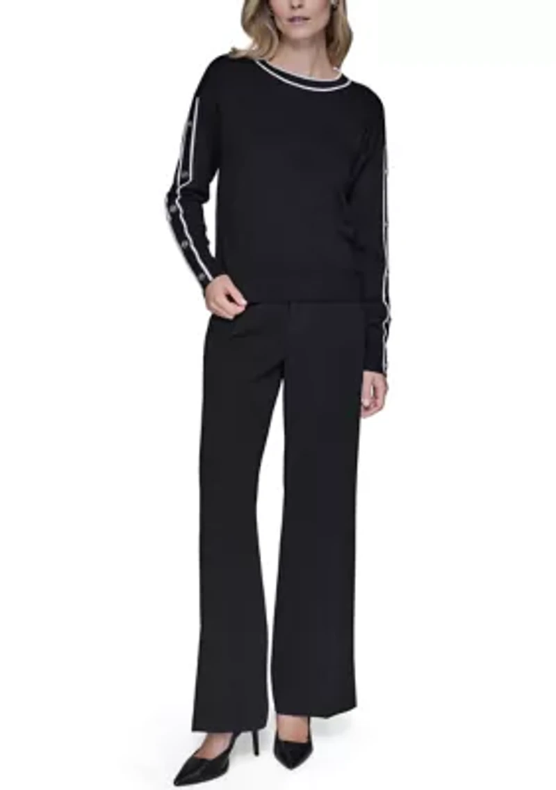 Women's Long Sleeve Button Shoulder Crew Neck Sweater