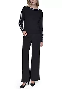 Women's Long Sleeve Button Shoulder Crew Neck Sweater