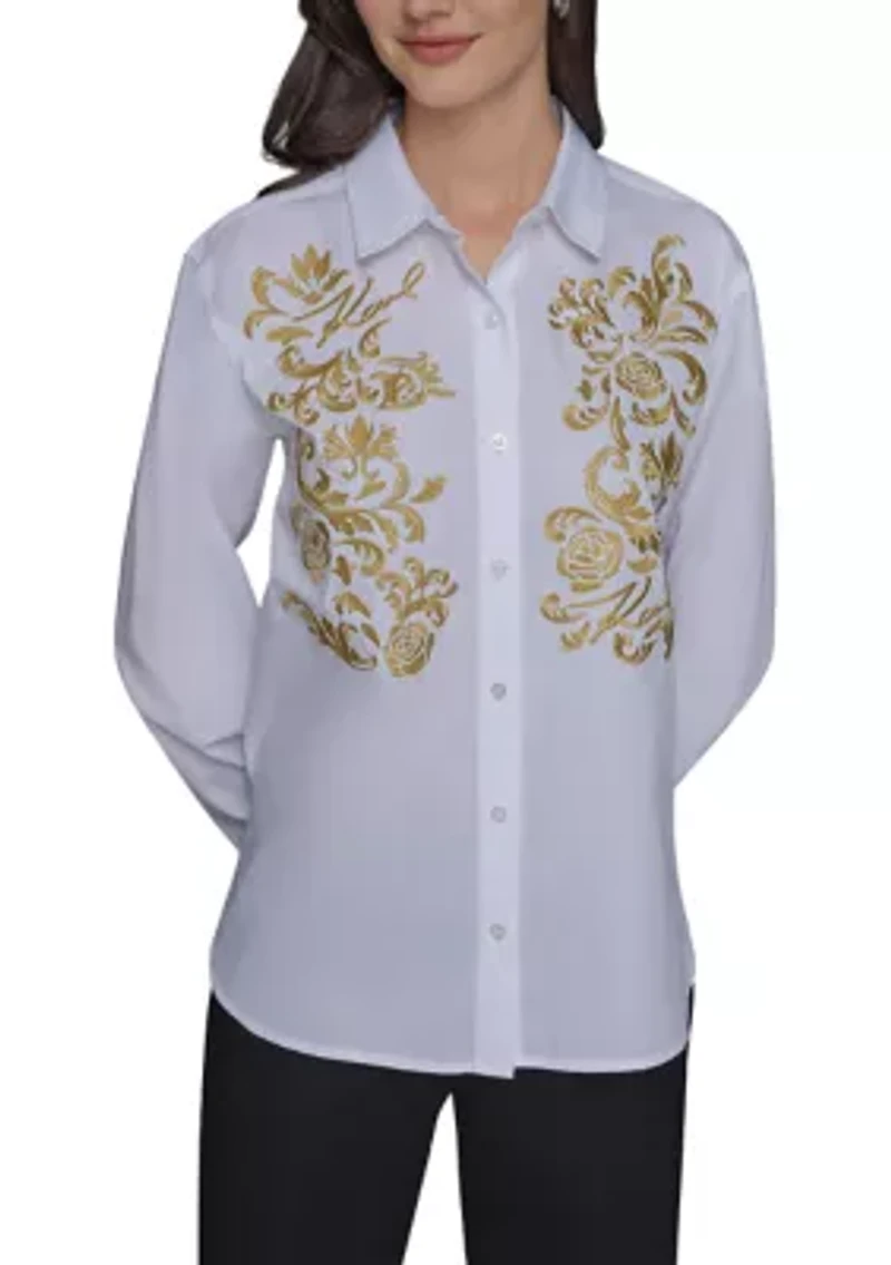 Women's Rose Embroidered Button Front Shirt