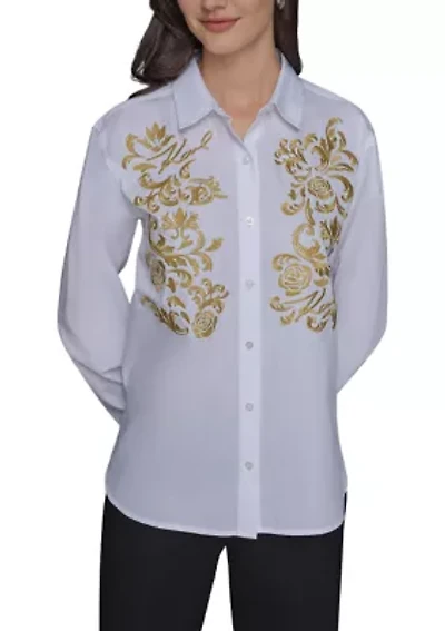 Women's Rose Embroidered Button Front Shirt